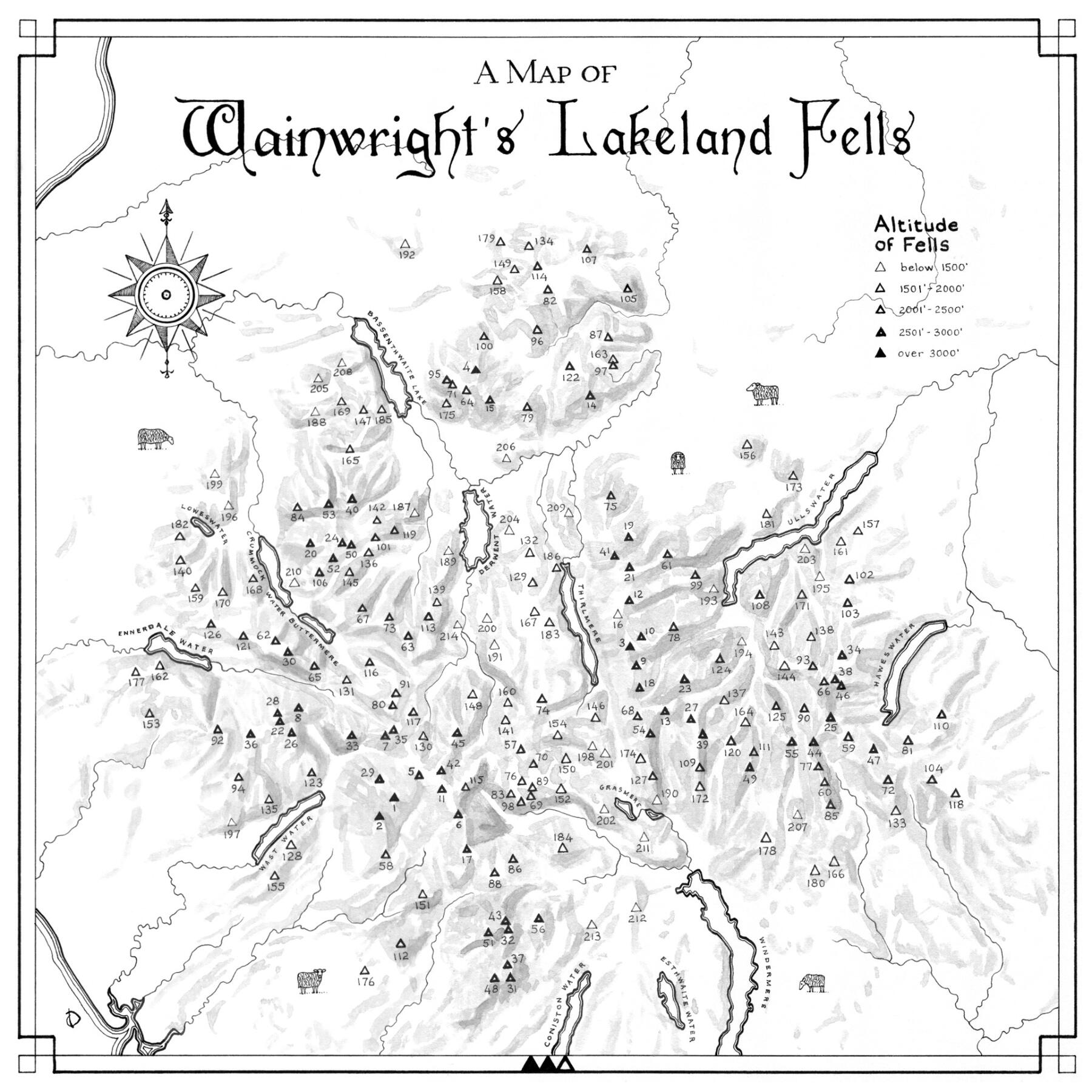 Wainwrights Lakeland Fells - ink on 30x30cm Hahnemühle Britannia paper